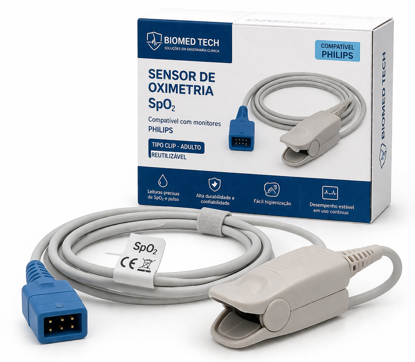 Sensor de Oximetria SpO2 Clip Adulto Compatível Philips